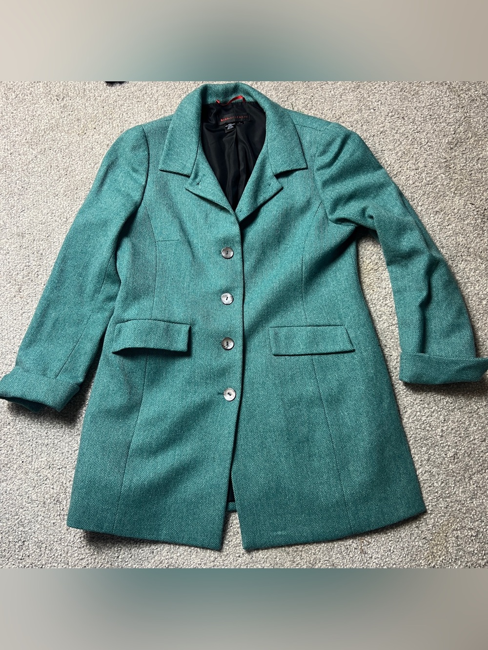Nina McLemore Jacket Size 10 Green Lambs Wool Tweed 100% Silk Lined Herringbone